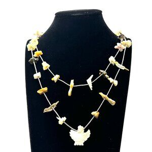 Zuni Two-Strand Multi-Fetish Necklace Eagle Pendant — MOP, Abalone & Coral — EUC